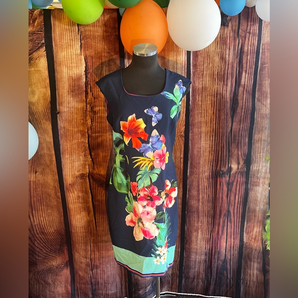 Navy blue floral print midi summer dress